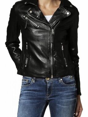Mauritius Black Leather Moto Jacket - Sleek Asymmetric Zip like new condition